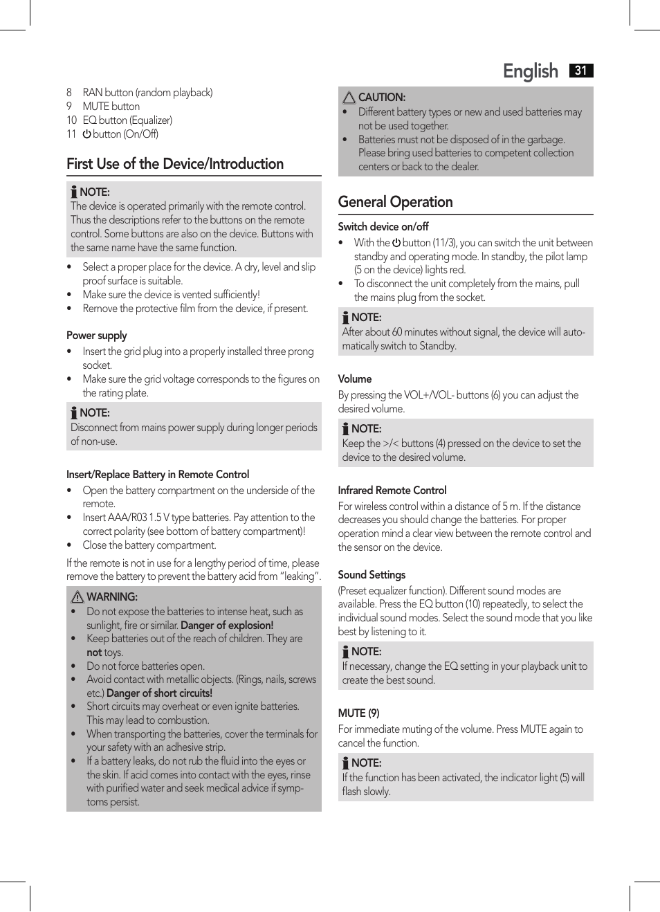 English, First use of the device/introduction, General operation | AEG BSS 4804 User Manual | Page 31 / 58