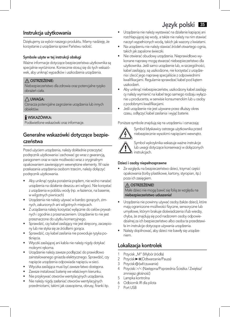 Język polski, Instrukcja użytkowania, Generalne wskazówki dotyczące bezpie- czeństwa | Lokalizacja kontrolek | AEG BSS 4804 User Manual | Page 35 / 58