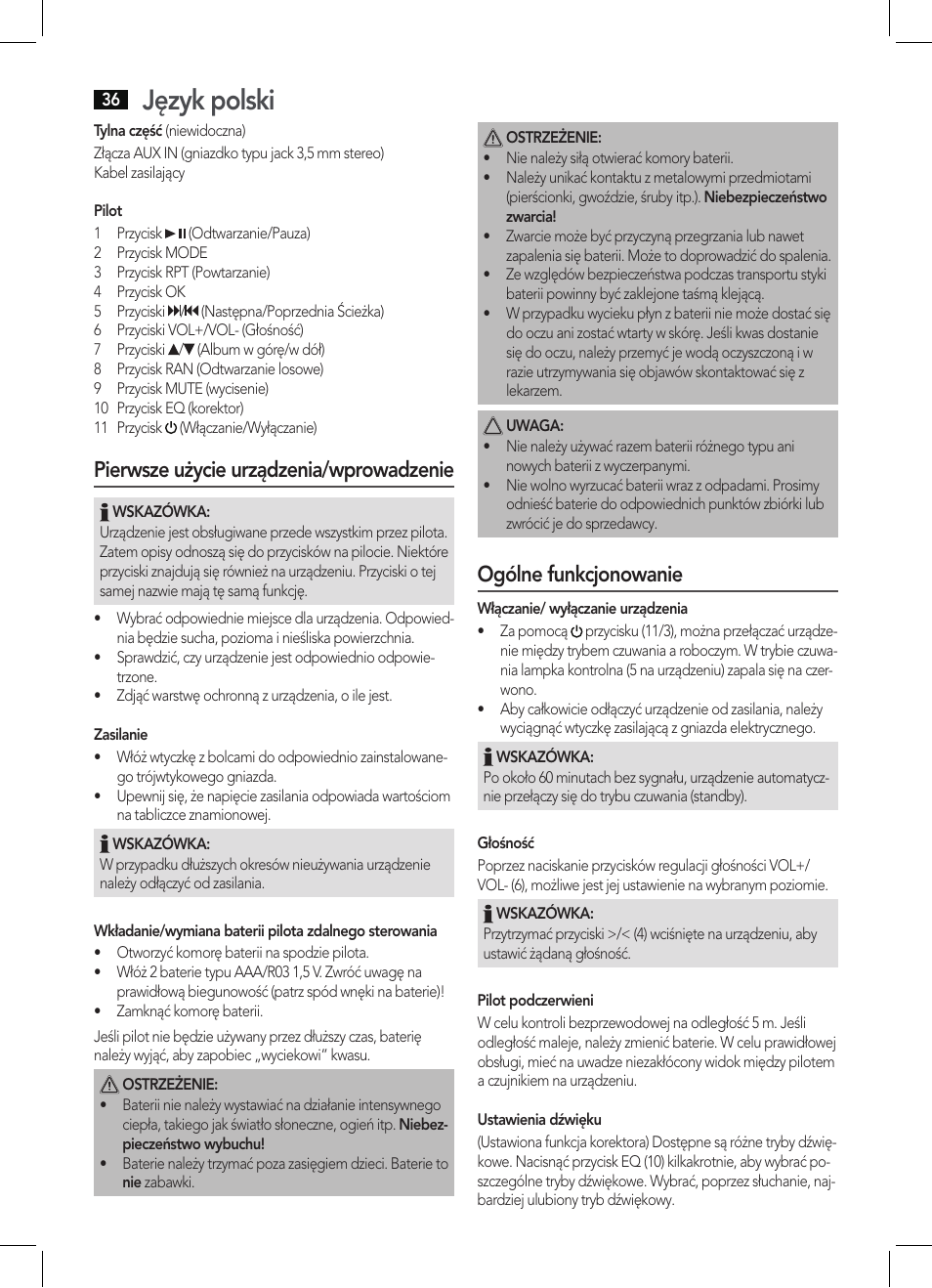 Język polski, Pierwsze użycie urządzenia/wprowadzenie, Ogólne funkcjonowanie | AEG BSS 4804 User Manual | Page 36 / 58
