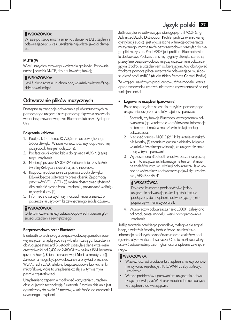 Język polski, Odtwarzanie plików muzycznych | AEG BSS 4804 User Manual | Page 37 / 58