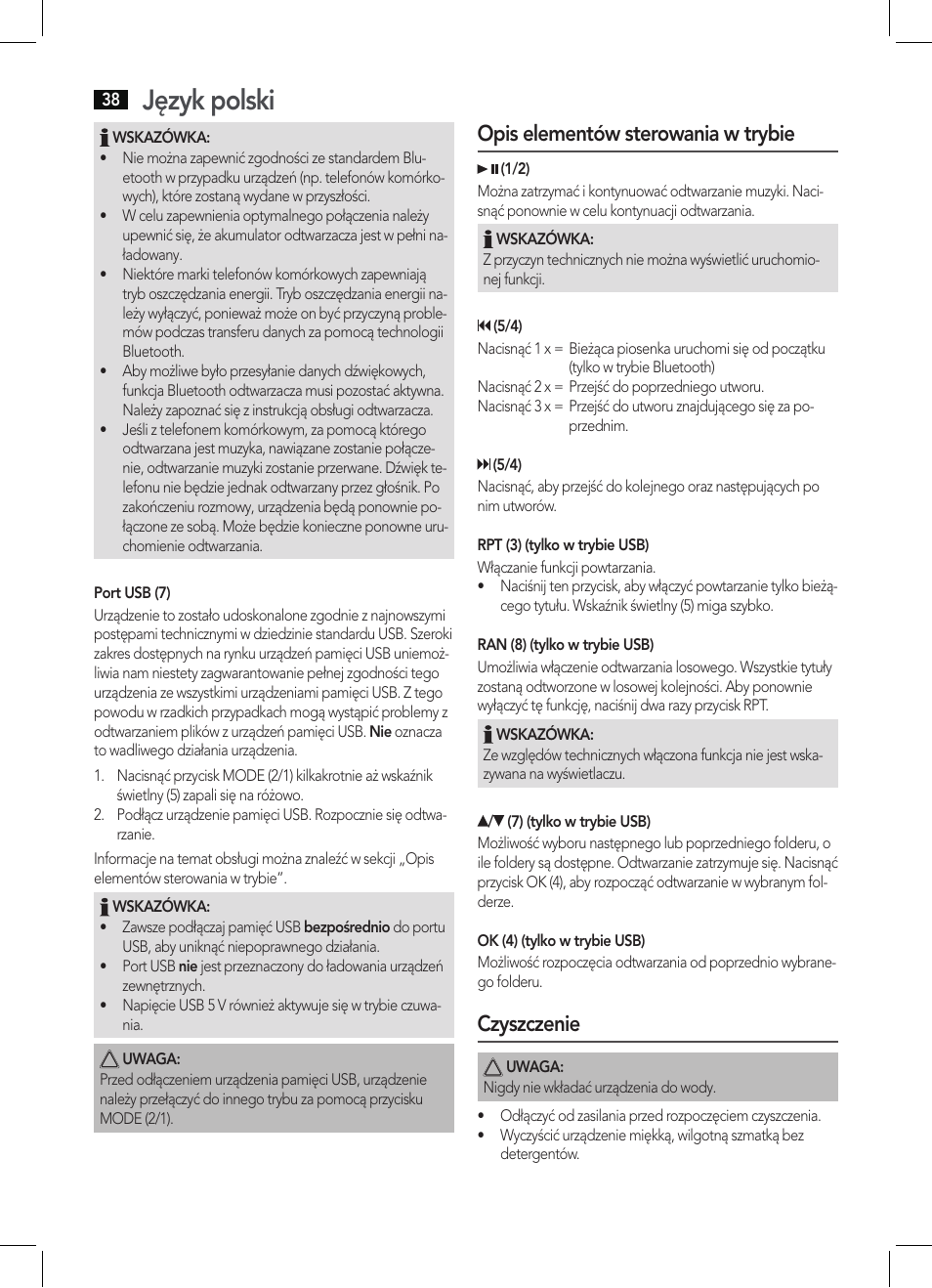 Język polski, Opis elementów sterowania w trybie, Czyszczenie | AEG BSS 4804 User Manual | Page 38 / 58