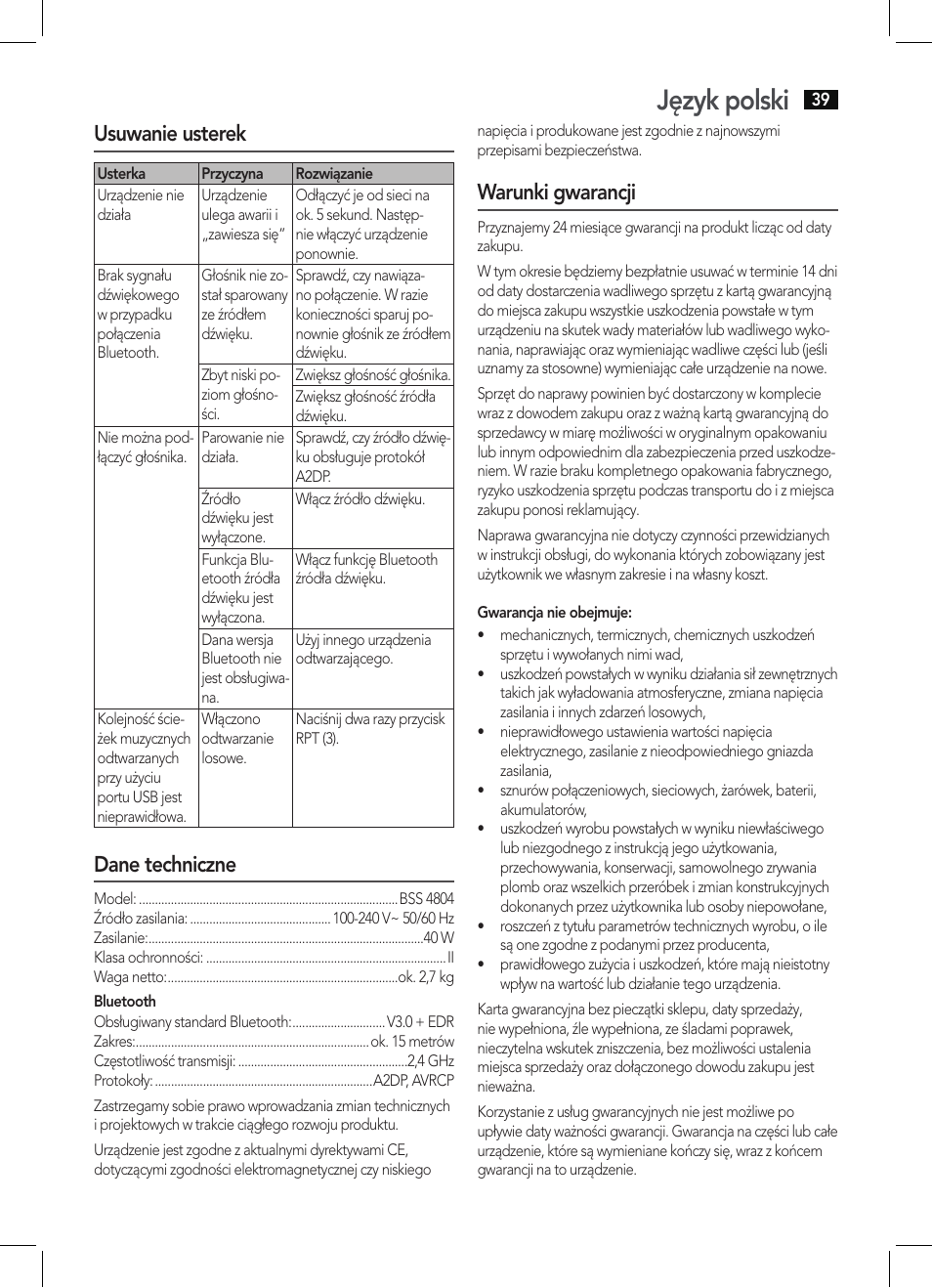 Język polski, Usuwanie usterek, Dane techniczne | Warunki gwarancji | AEG BSS 4804 User Manual | Page 39 / 58