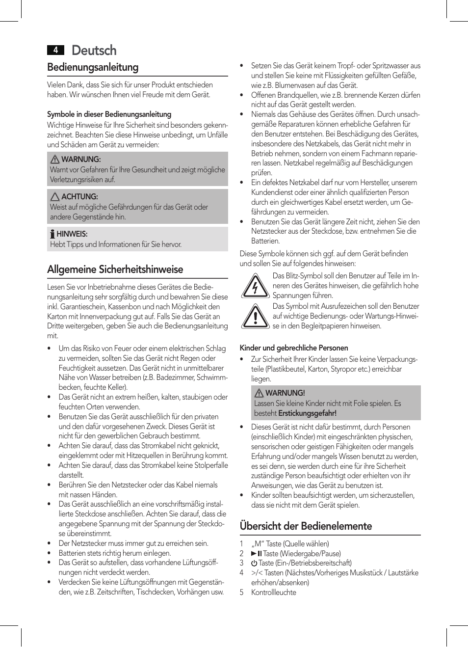 Deutsch, Bedienungsanleitung, Allgemeine sicherheitshinweise | Übersicht der bedienelemente | AEG BSS 4804 User Manual | Page 4 / 58