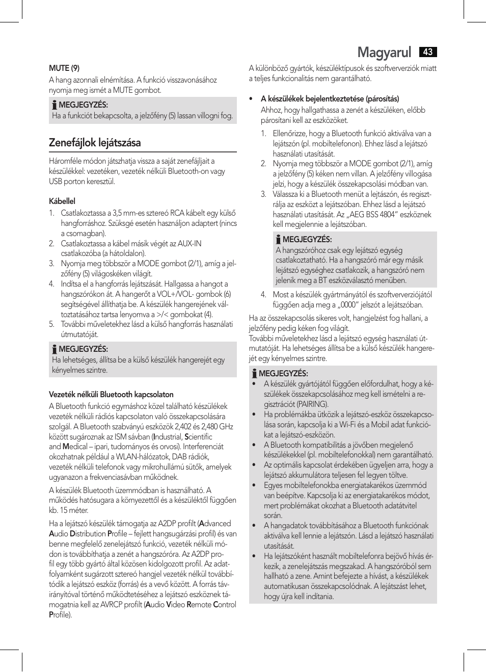 Magyarul, Zenefájlok lejátszása | AEG BSS 4804 User Manual | Page 43 / 58