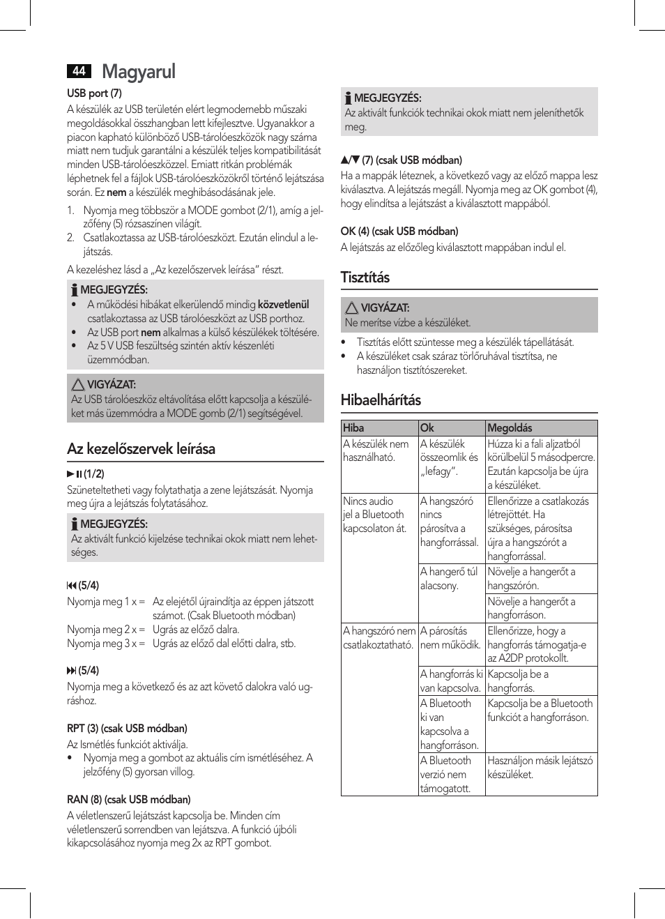 Magyarul, Az kezelőszervek leírása, Tisztítás | Hibaelhárítás | AEG BSS 4804 User Manual | Page 44 / 58