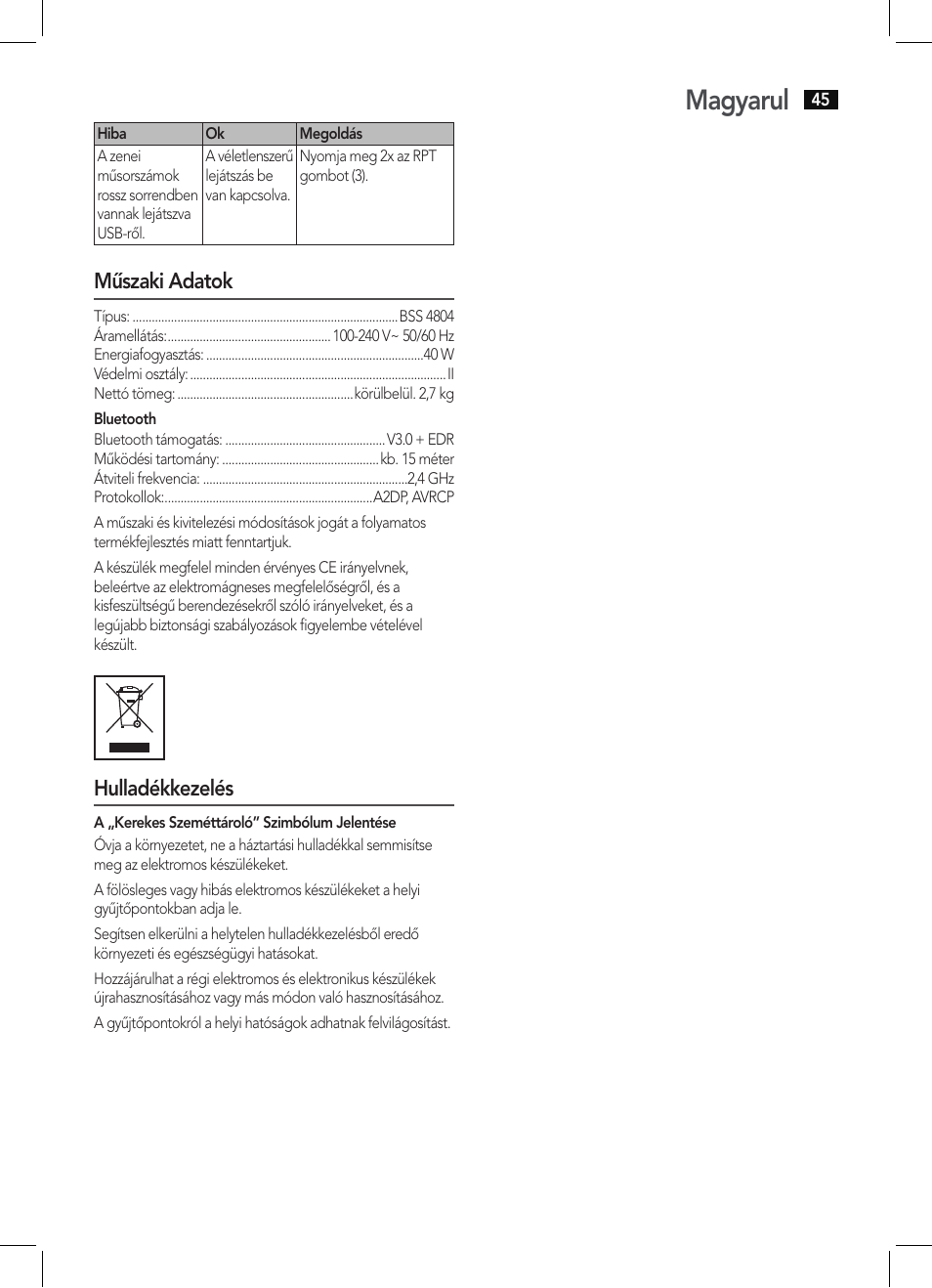 Magyarul, Műszaki adatok, Hulladékkezelés | AEG BSS 4804 User Manual | Page 45 / 58