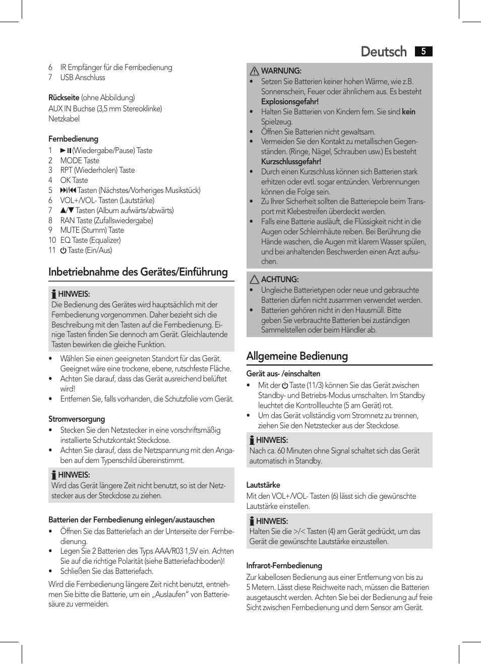 Deutsch, Inbetriebnahme des gerätes/einführung, Allgemeine bedienung | AEG BSS 4804 User Manual | Page 5 / 58