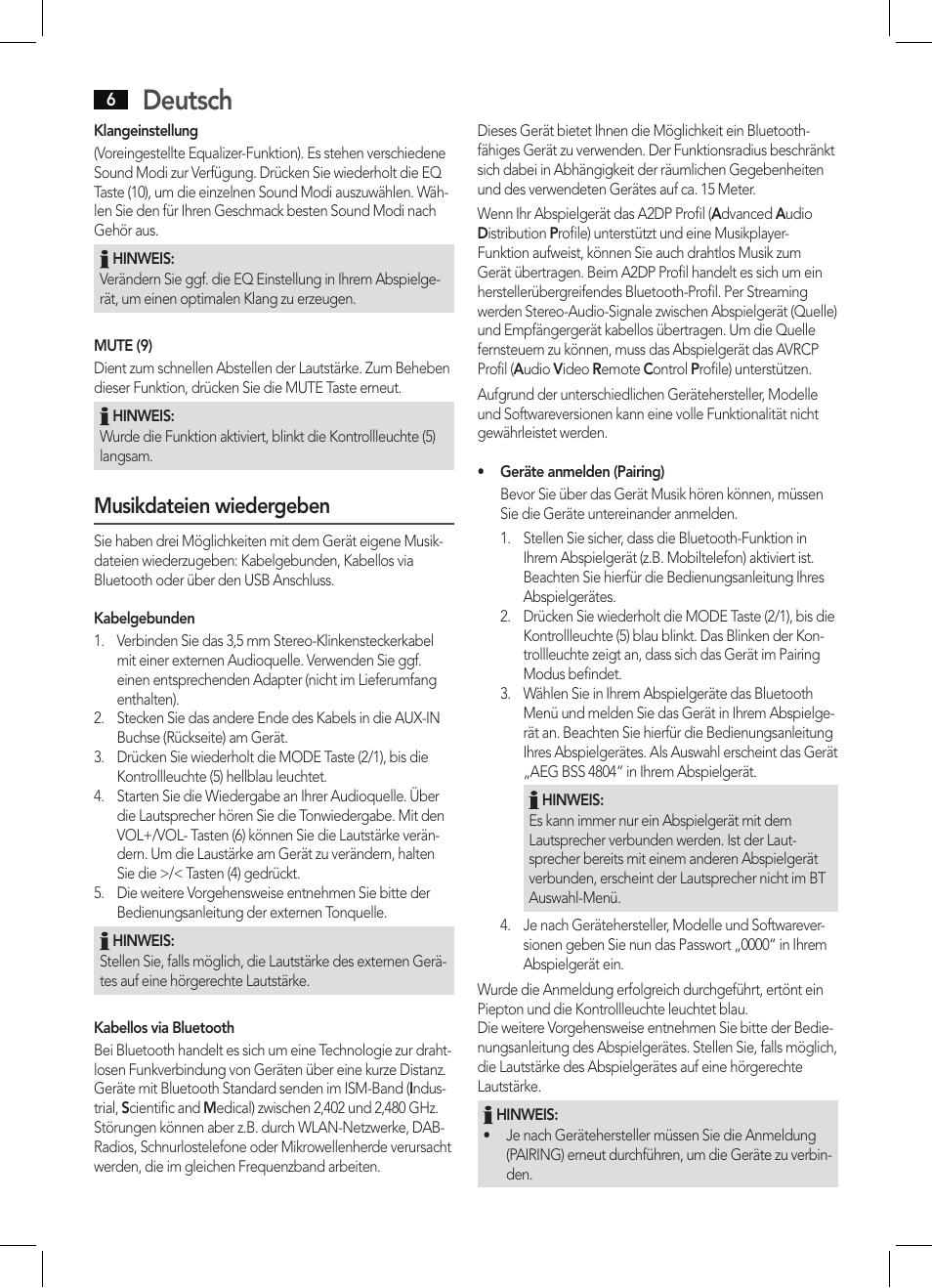 Deutsch, Musikdateien wiedergeben | AEG BSS 4804 User Manual | Page 6 / 58