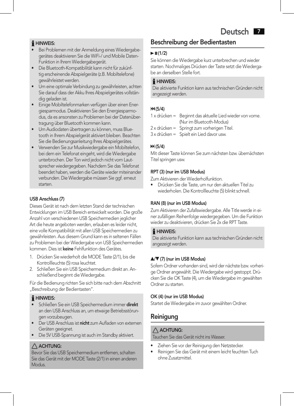 Deutsch, Beschreibung der bedientasten, Reinigung | AEG BSS 4804 User Manual | Page 7 / 58