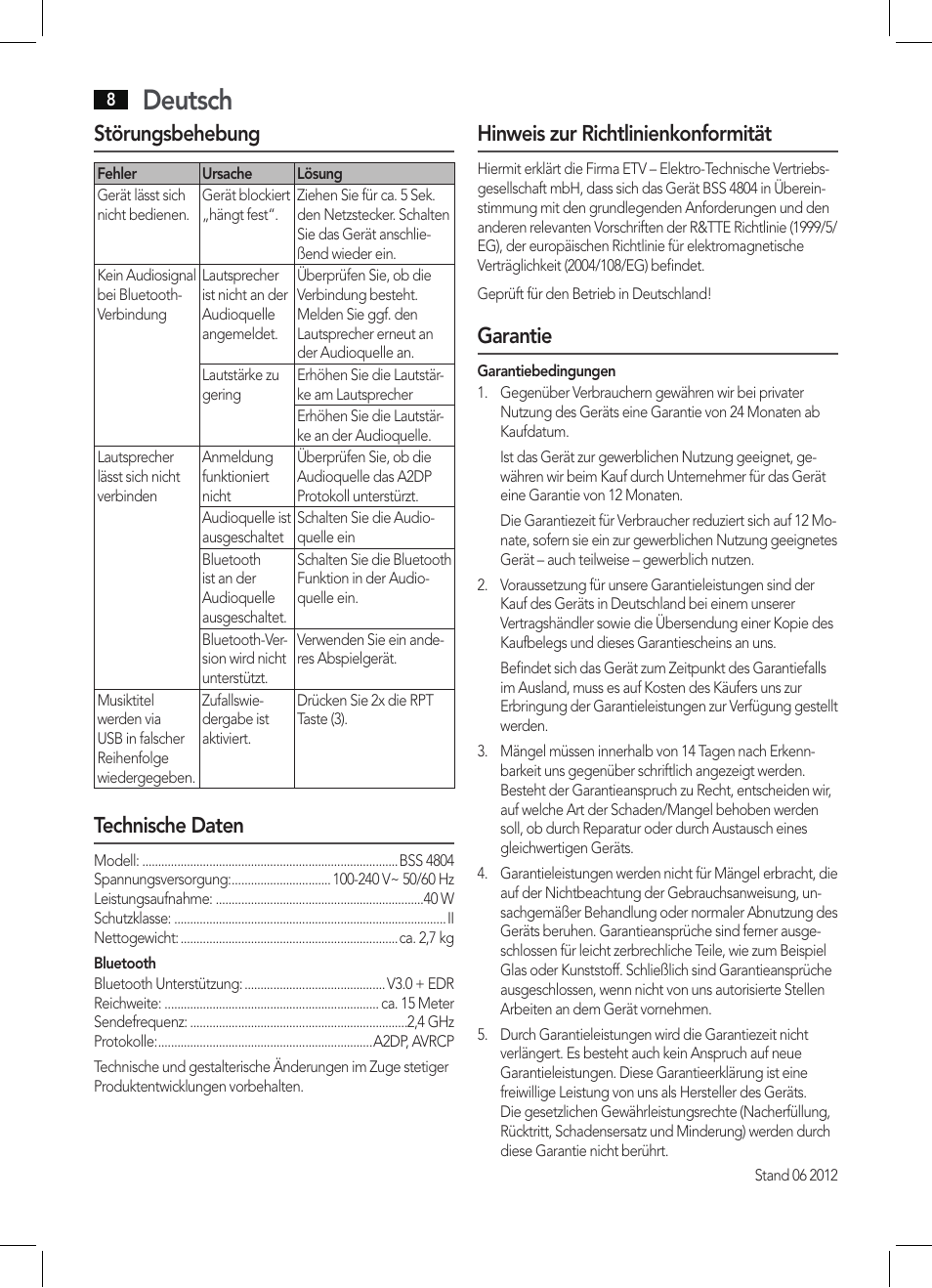 Deutsch, Störungsbehebung, Technische daten | Hinweis zur richtlinienkonformität, Garantie | AEG BSS 4804 User Manual | Page 8 / 58