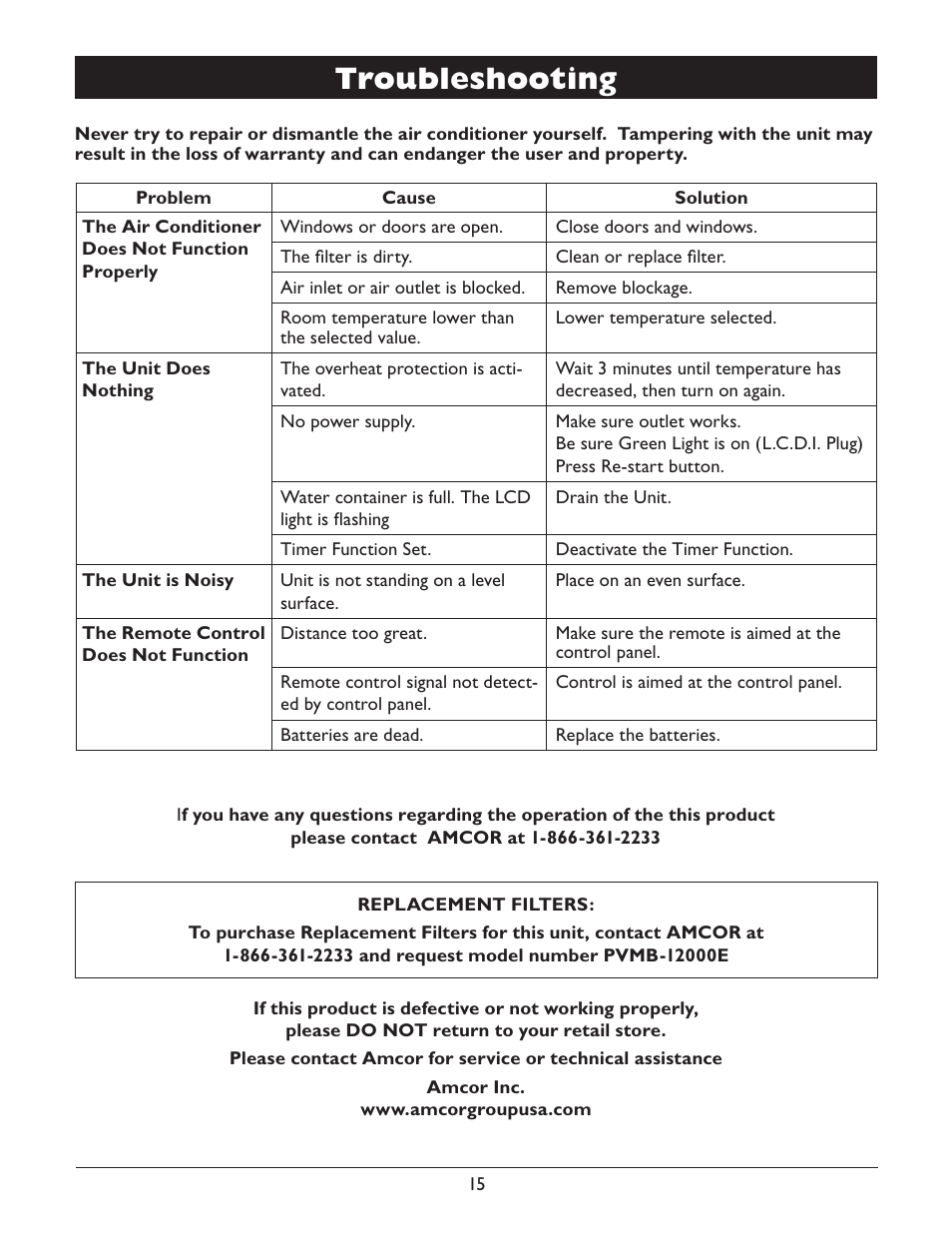 Troubleshooting | Amcor PVMB-12000E User Manual | Page 17 / 20