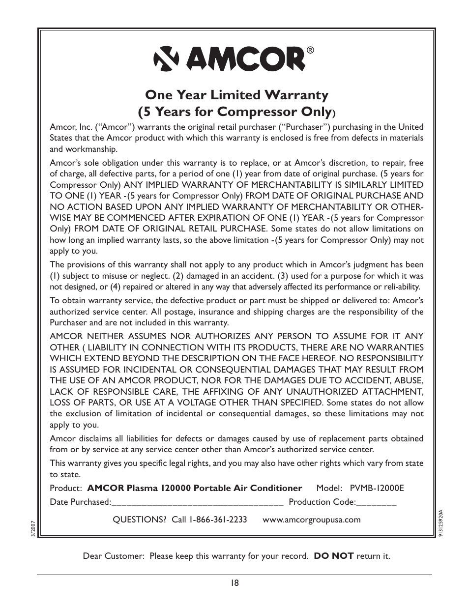 Amcor PVMB-12000E User Manual | Page 20 / 20