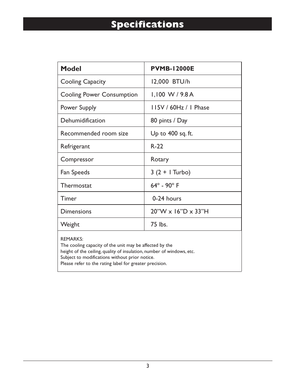 Specifications | Amcor PVMB-12000E User Manual | Page 5 / 20