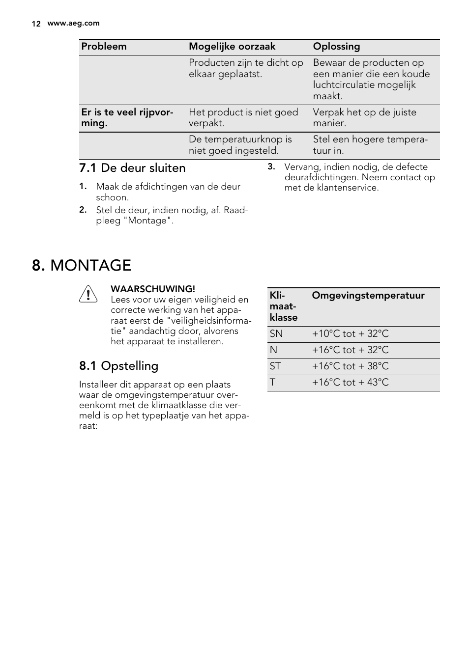 Montage, 1 de deur sluiten, 1 opstelling | AEG A52010GNW0 User Manual | Page 12 / 72
