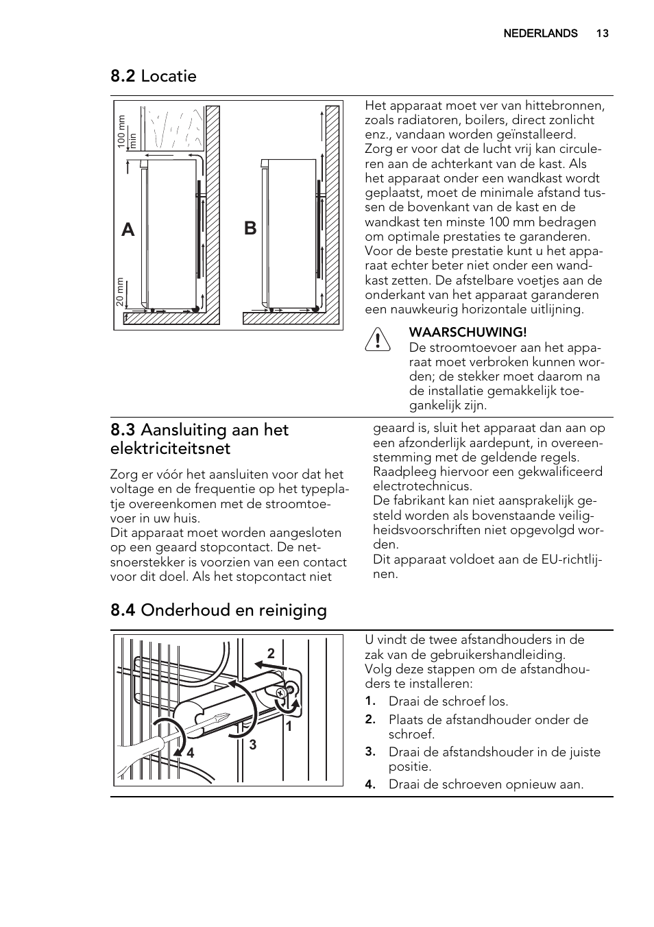2 locatie, 3 aansluiting aan het elektriciteitsnet, 4 onderhoud en reiniging | AEG A52010GNW0 User Manual | Page 13 / 72