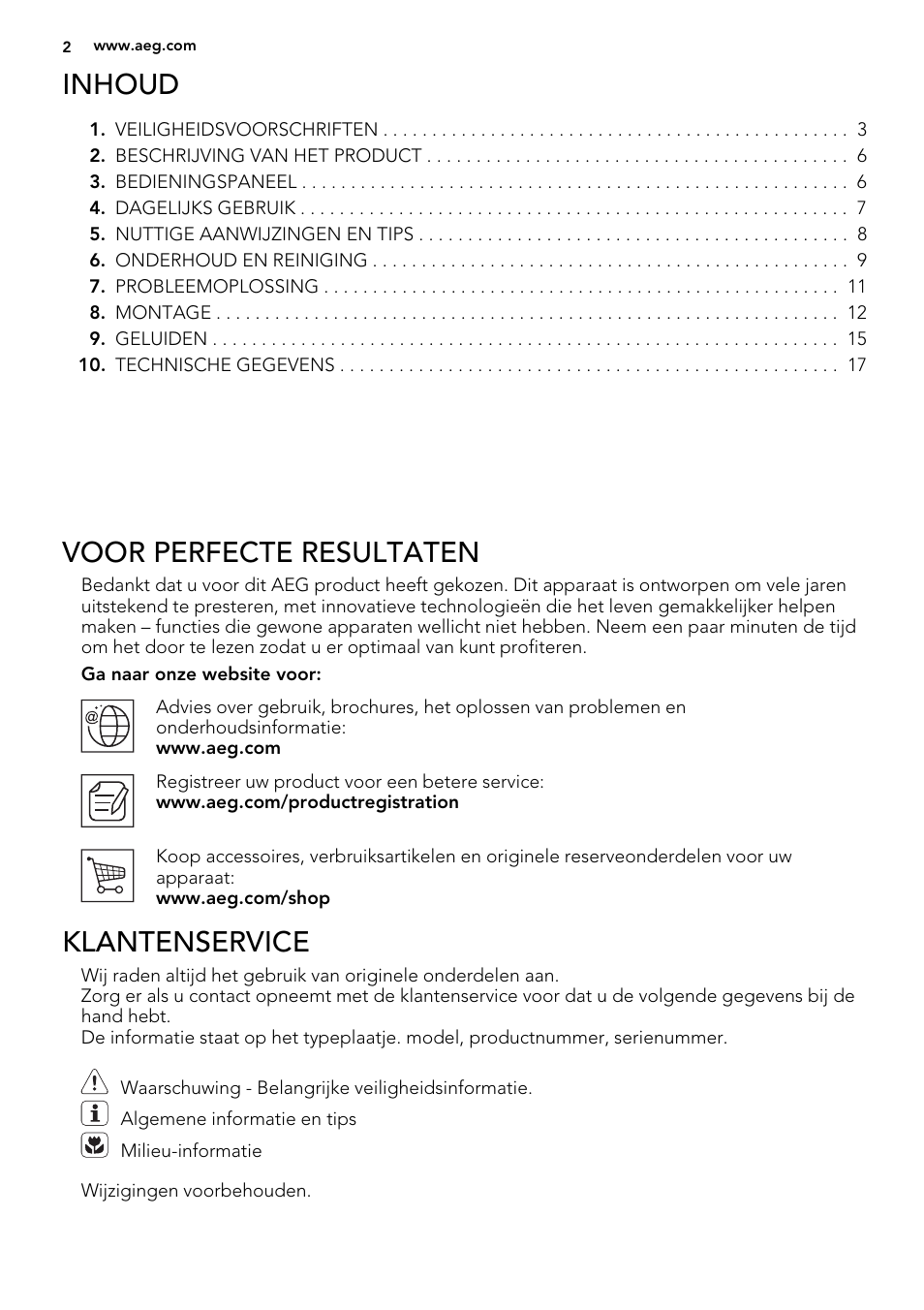 Inhoud, Voor perfecte resultaten, Klantenservice | AEG A52010GNW0 User Manual | Page 2 / 72