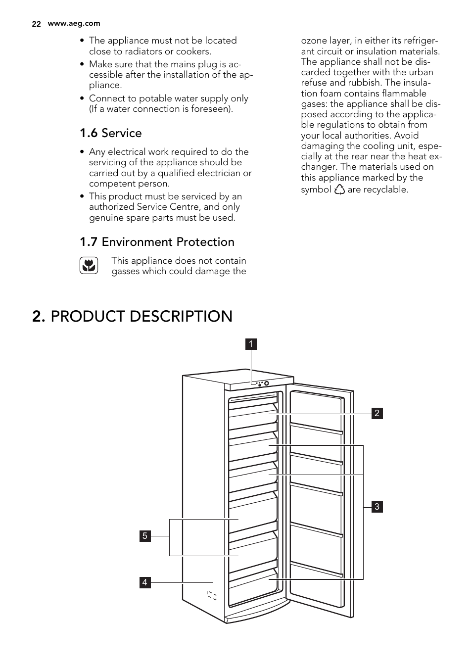 Product description, 6 service, 7 environment protection | AEG A52010GNW0 User Manual | Page 22 / 72