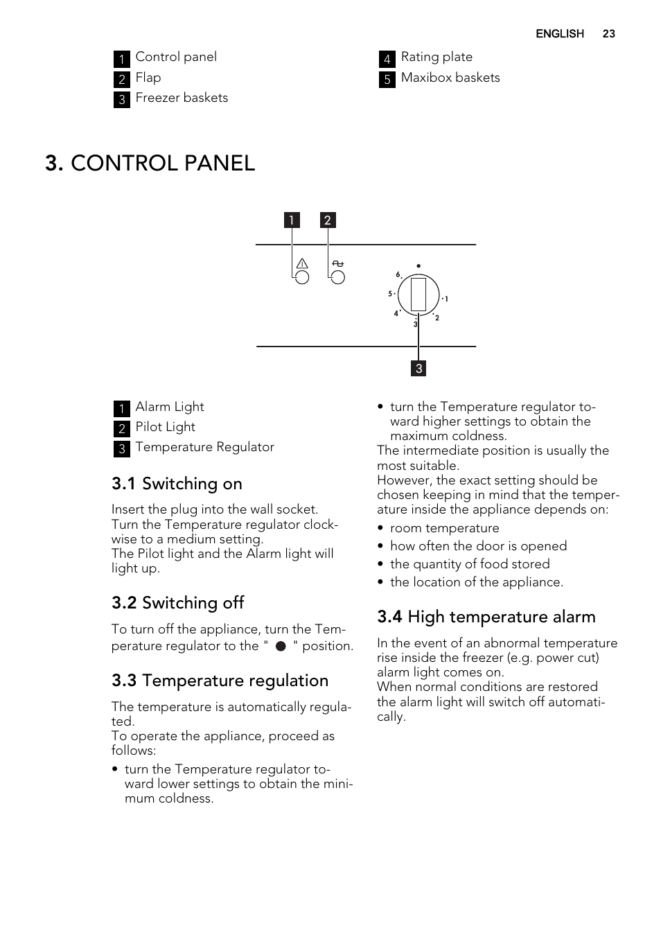 Control panel, 1 switching on, 2 switching off | 3 temperature regulation, 4 high temperature alarm | AEG A52010GNW0 User Manual | Page 23 / 72