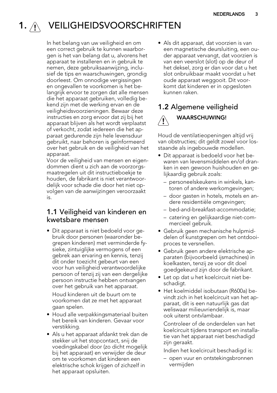 Veiligheidsvoorschriften, 1 veiligheid van kinderen en kwetsbare mensen, 2 algemene veiligheid | AEG A52010GNW0 User Manual | Page 3 / 72