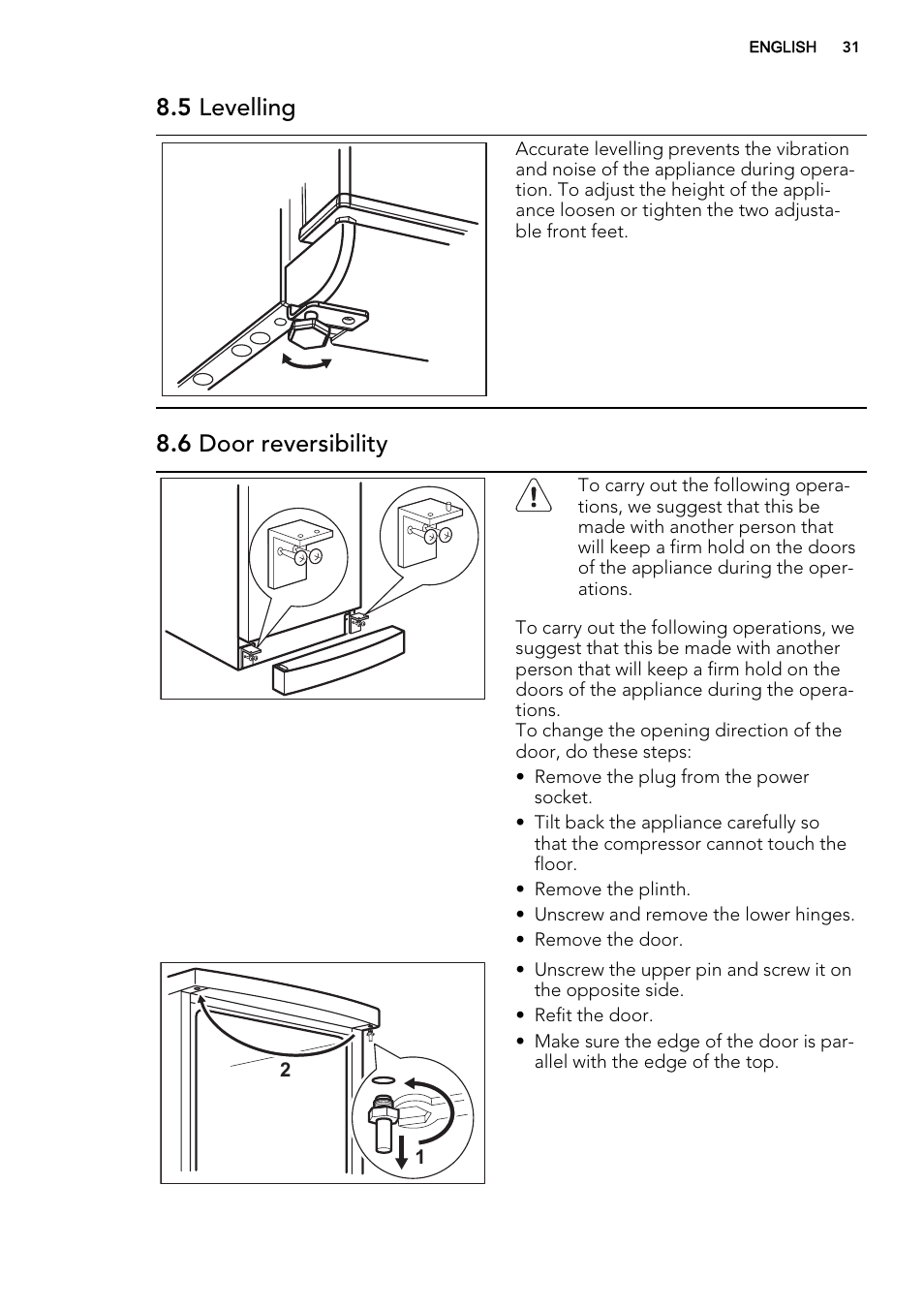 5 levelling, 6 door reversibility | AEG A52010GNW0 User Manual | Page 31 / 72