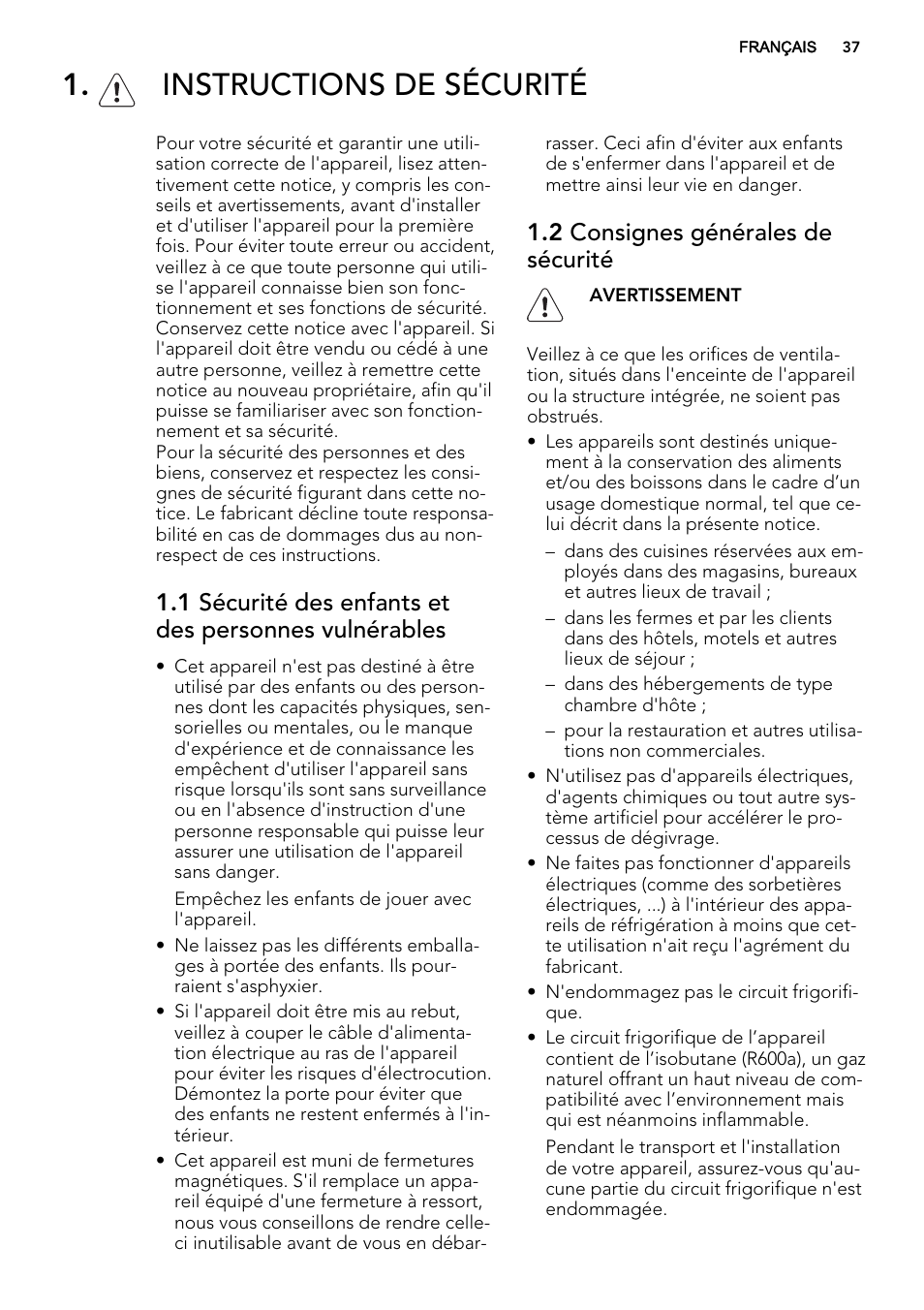 Instructions de sécurité, 2 consignes générales de sécurité | AEG A52010GNW0 User Manual | Page 37 / 72