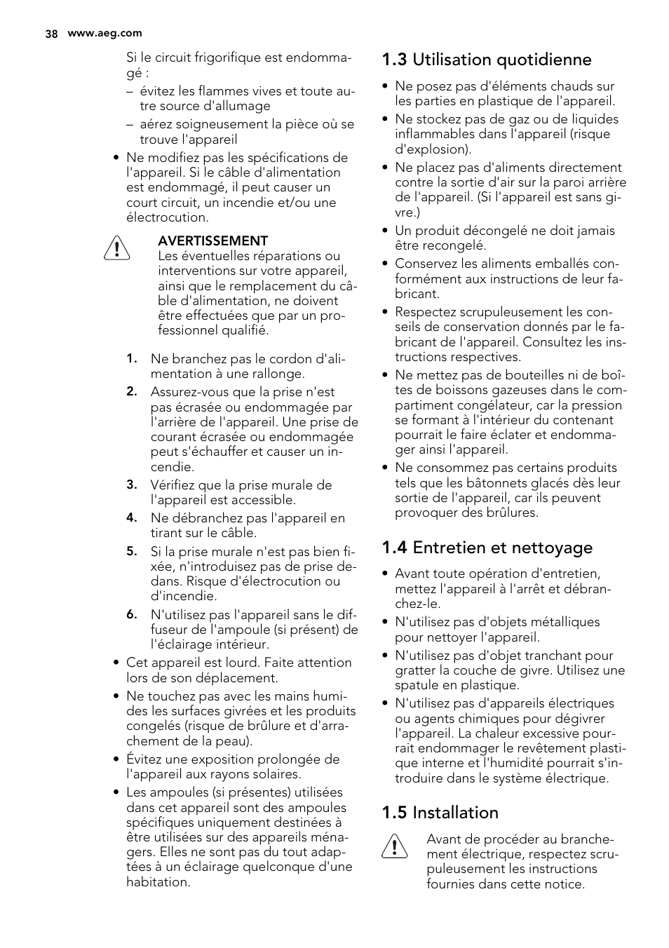 3 utilisation quotidienne, 4 entretien et nettoyage, 5 installation | AEG A52010GNW0 User Manual | Page 38 / 72