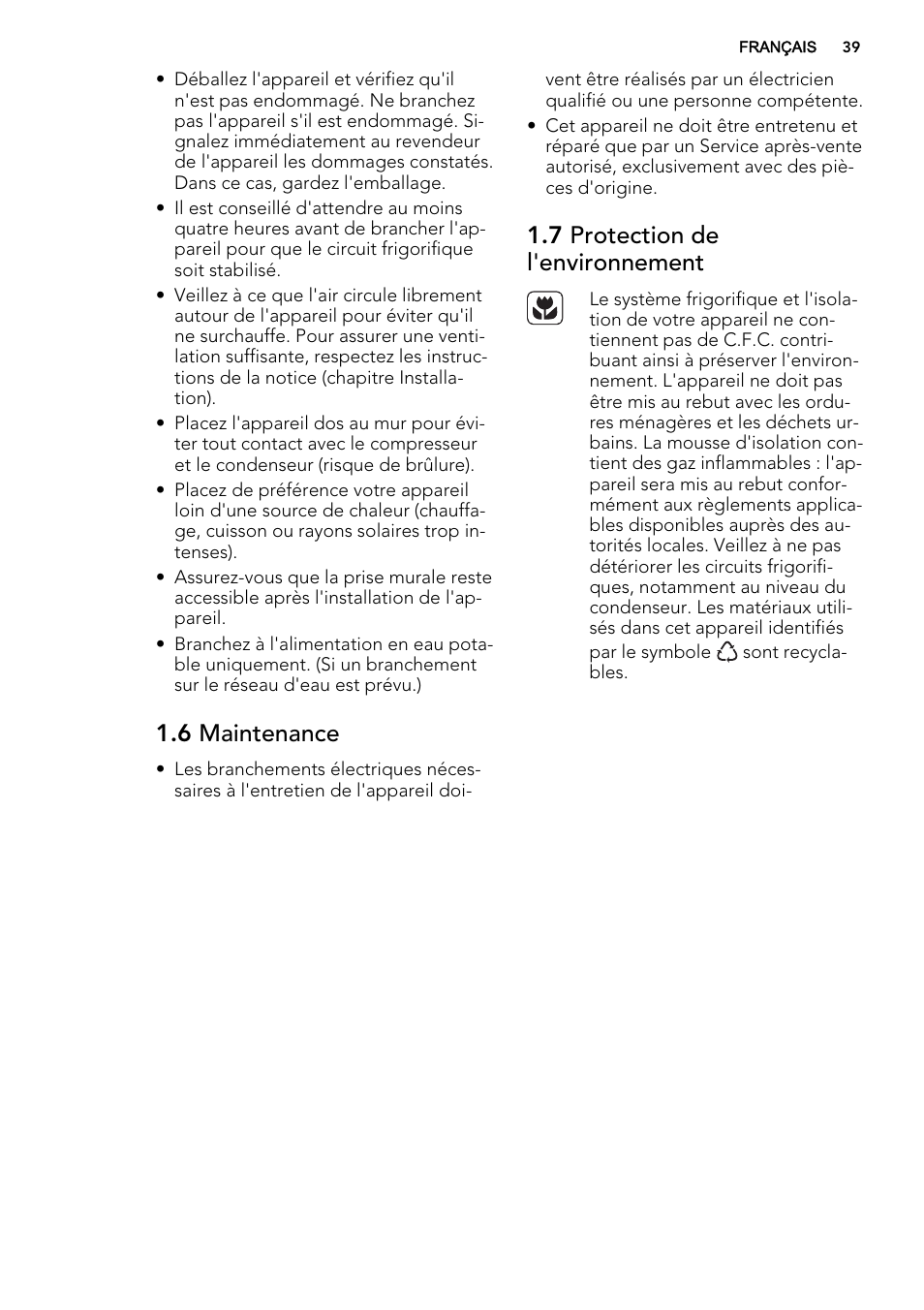 6 maintenance, 7 protection de l'environnement | AEG A52010GNW0 User Manual | Page 39 / 72