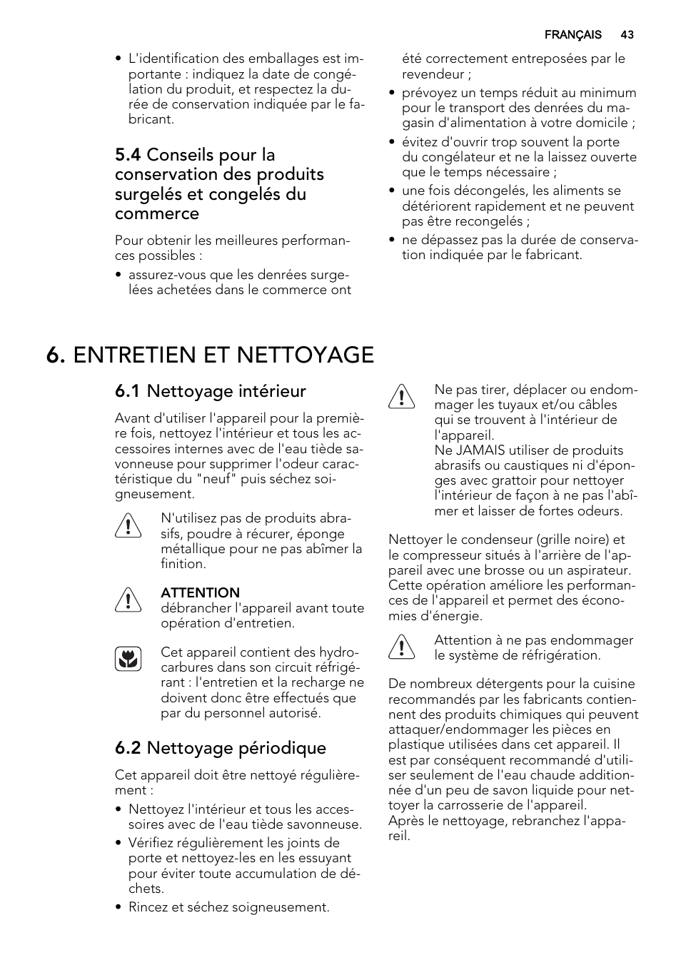 Entretien et nettoyage, 1 nettoyage intérieur, 2 nettoyage périodique | AEG A52010GNW0 User Manual | Page 43 / 72