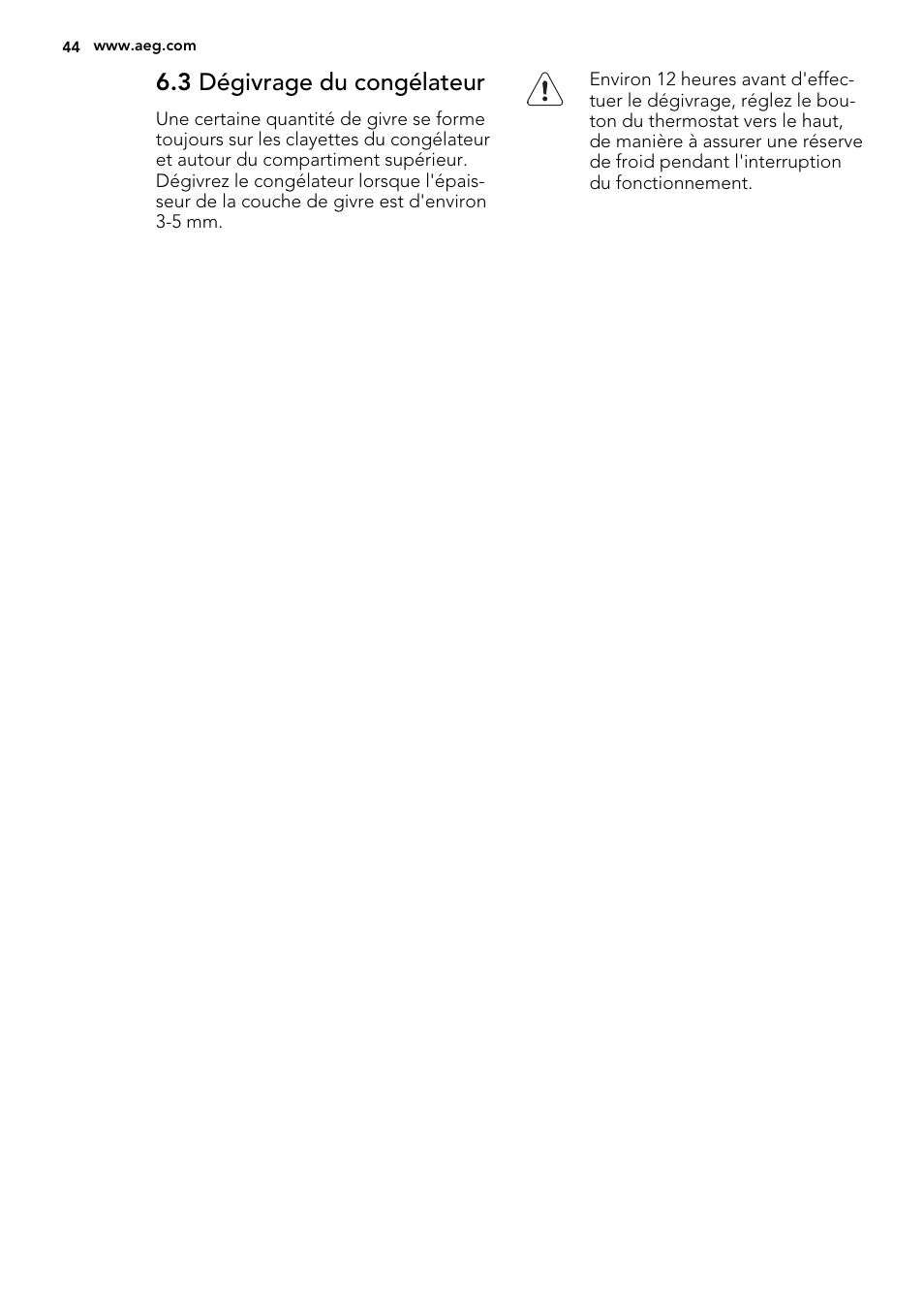 3 dégivrage du congélateur | AEG A52010GNW0 User Manual | Page 44 / 72