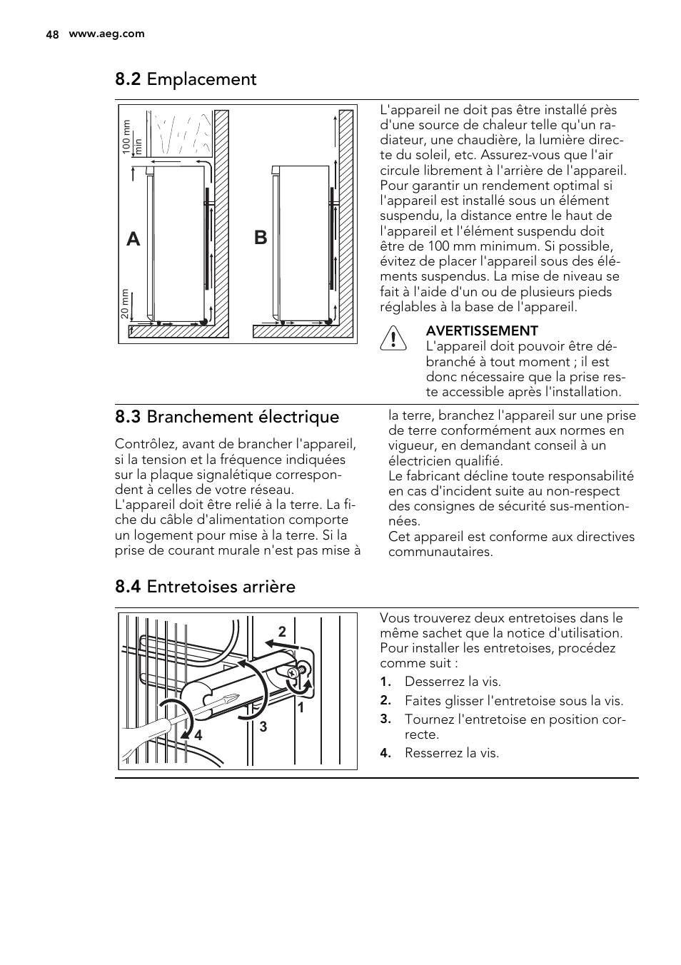 2 emplacement, 3 branchement électrique, 4 entretoises arrière | AEG A52010GNW0 User Manual | Page 48 / 72