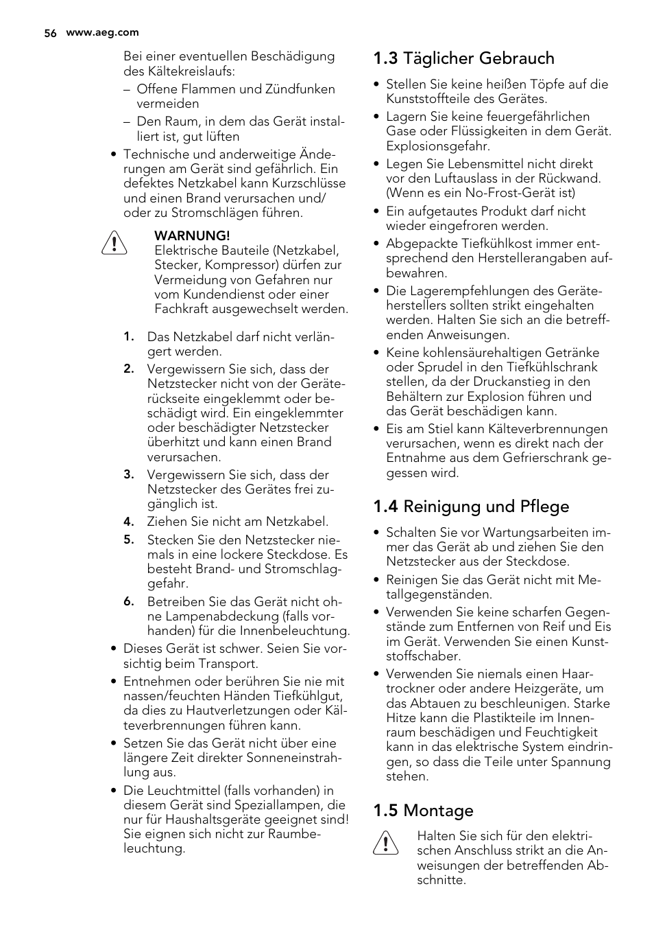 3 täglicher gebrauch, 4 reinigung und pflege, 5 montage | AEG A52010GNW0 User Manual | Page 56 / 72