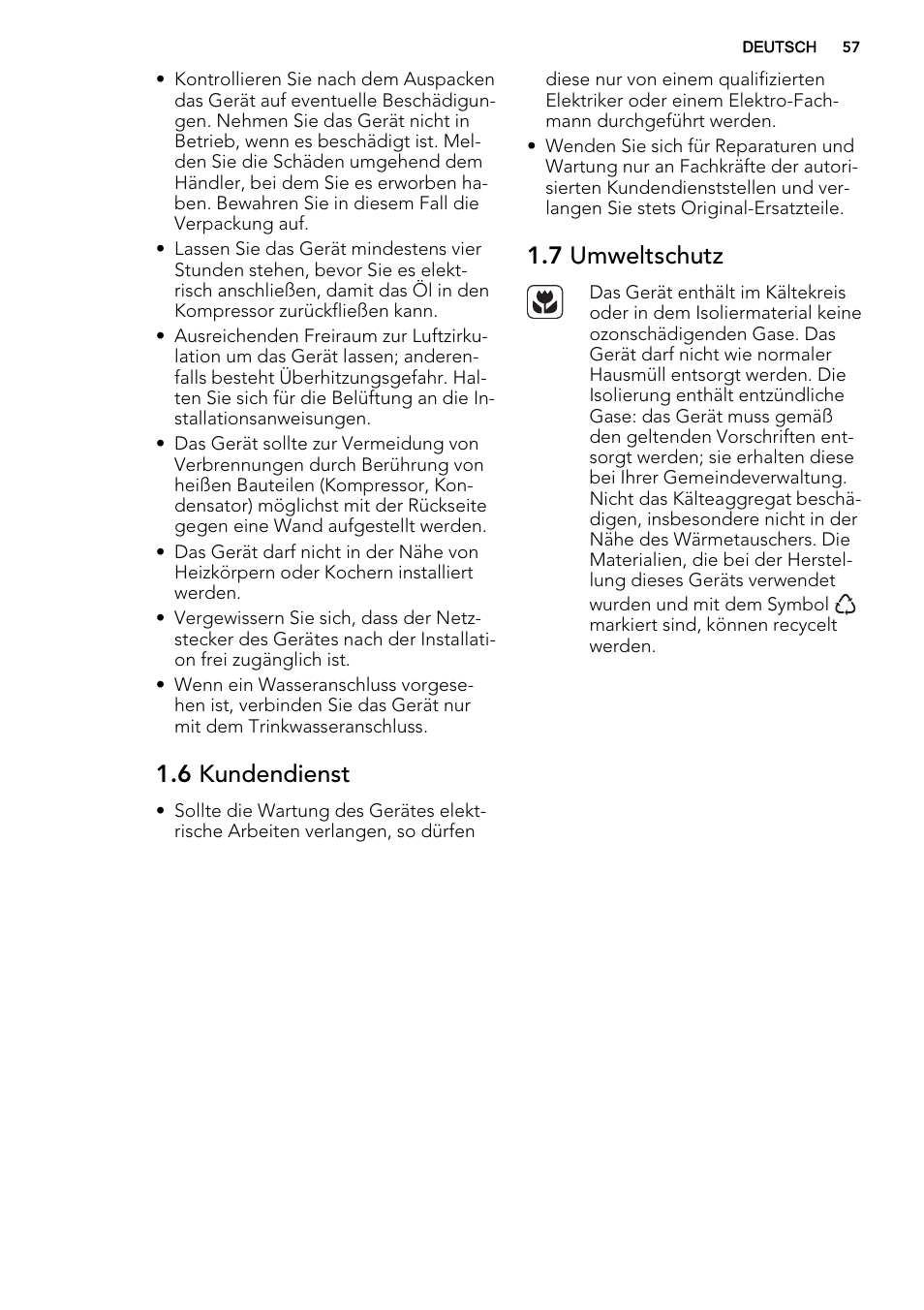 6 kundendienst, 7 umweltschutz | AEG A52010GNW0 User Manual | Page 57 / 72
