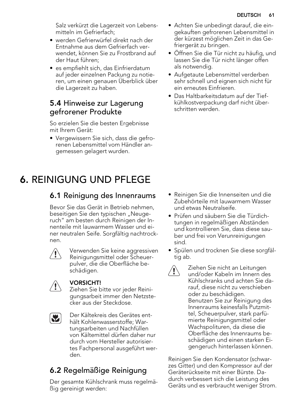 Reinigung und pflege, 4 hinweise zur lagerung gefrorener produkte, 1 reinigung des innenraums | 2 regelmäßige reinigung | AEG A52010GNW0 User Manual | Page 61 / 72