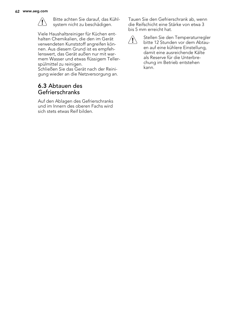 3 abtauen des gefrierschranks | AEG A52010GNW0 User Manual | Page 62 / 72