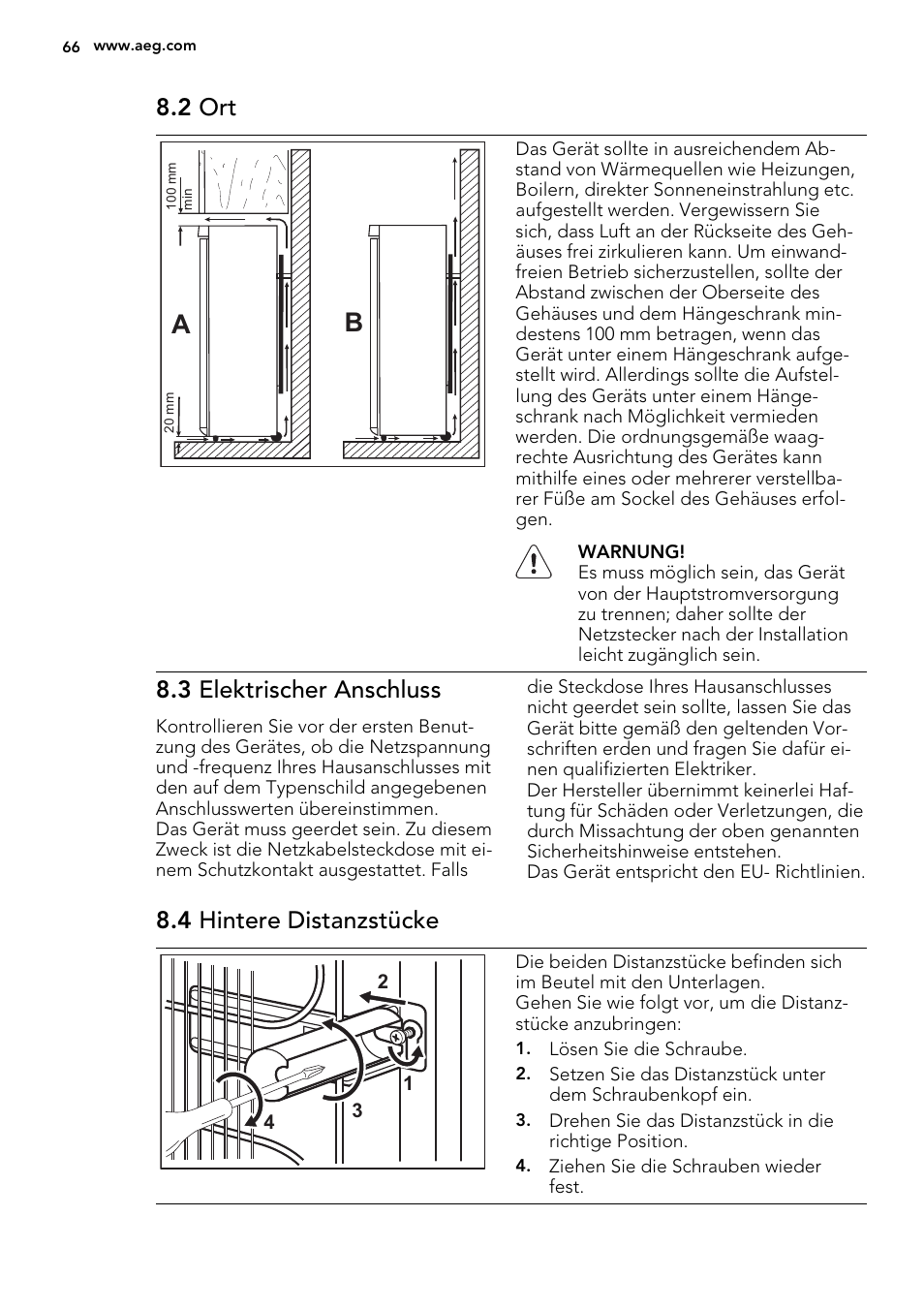 2 ort, 3 elektrischer anschluss, 4 hintere distanzstücke | AEG A52010GNW0 User Manual | Page 66 / 72