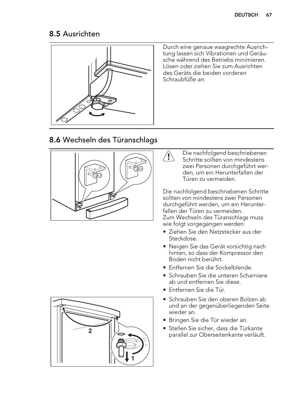 5 ausrichten, 6 wechseln des türanschlags | AEG A52010GNW0 User Manual | Page 67 / 72