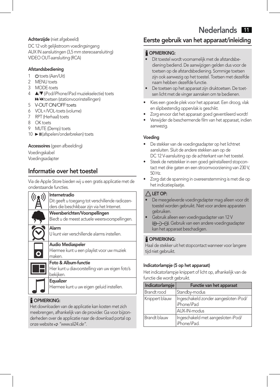 Nederlands, Informatie over het toestel, Eerste gebruik van het apparaat/inleiding | AEG IMS 4452 User Manual | Page 11 / 58