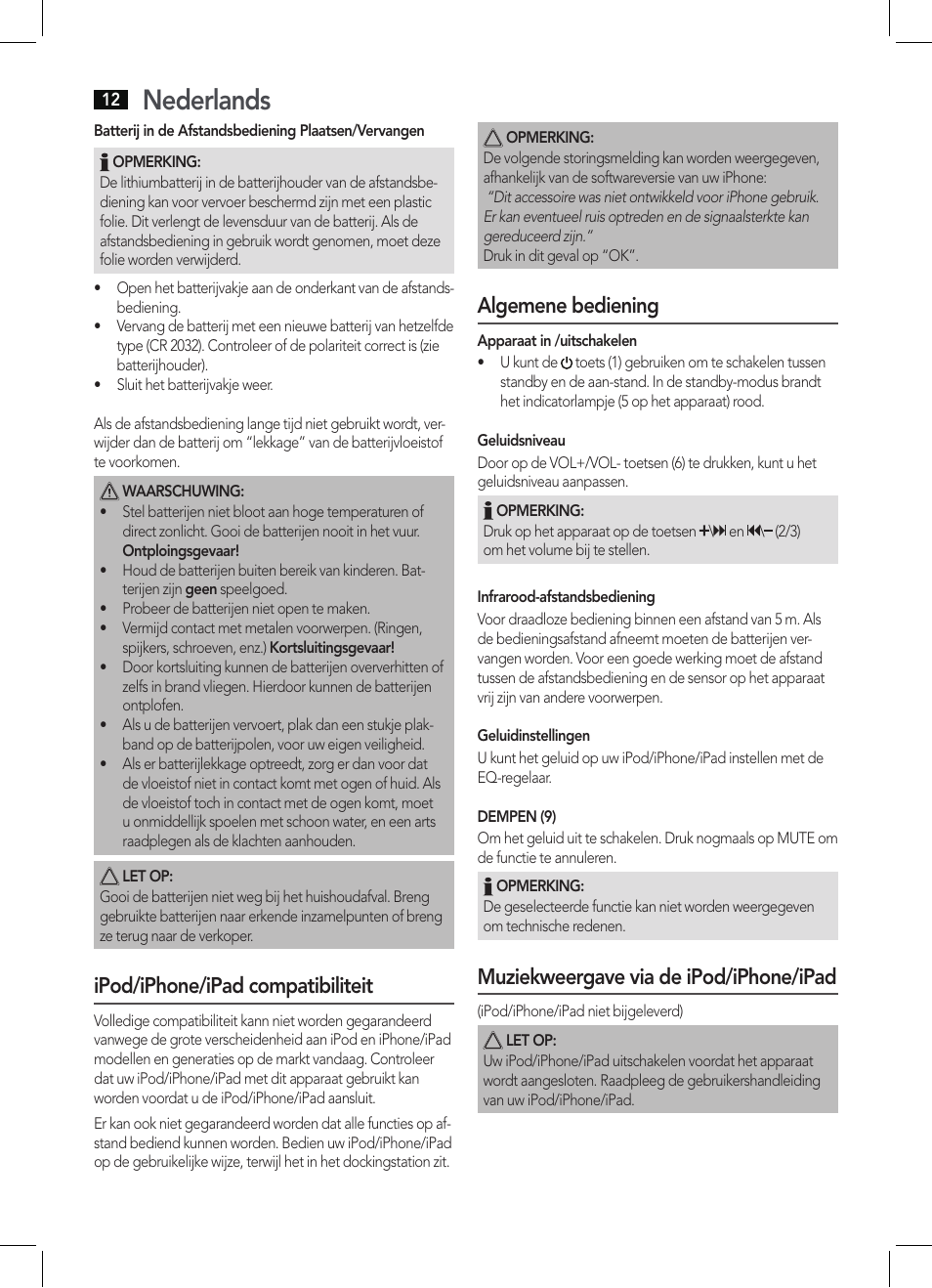 Nederlands, Ipod/iphone/ipad compatibiliteit, Algemene bediening | Muziekweergave via de ipod/iphone/ipad | AEG IMS 4452 User Manual | Page 12 / 58
