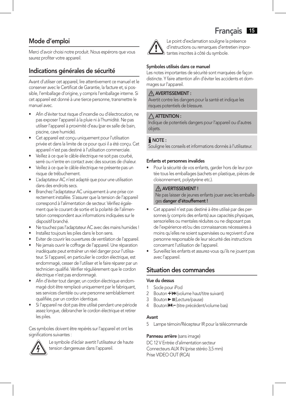 Français, Mode d’emploi, Indications générales de sécurité | Situation des commandes | AEG IMS 4452 User Manual | Page 15 / 58