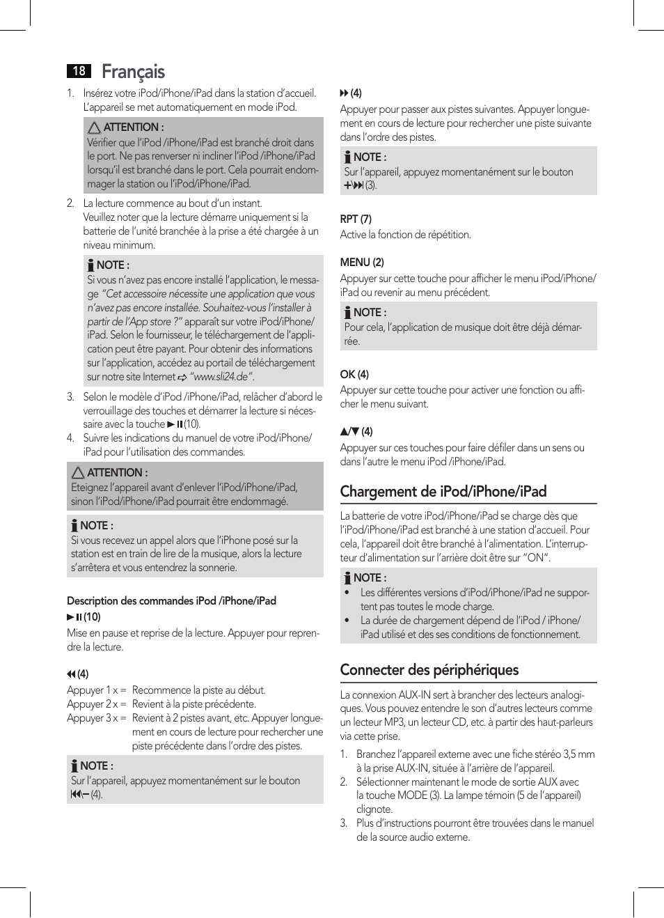 Français, Chargement de ipod/iphone/ipad, Connecter des périphériques | AEG IMS 4452 User Manual | Page 18 / 58