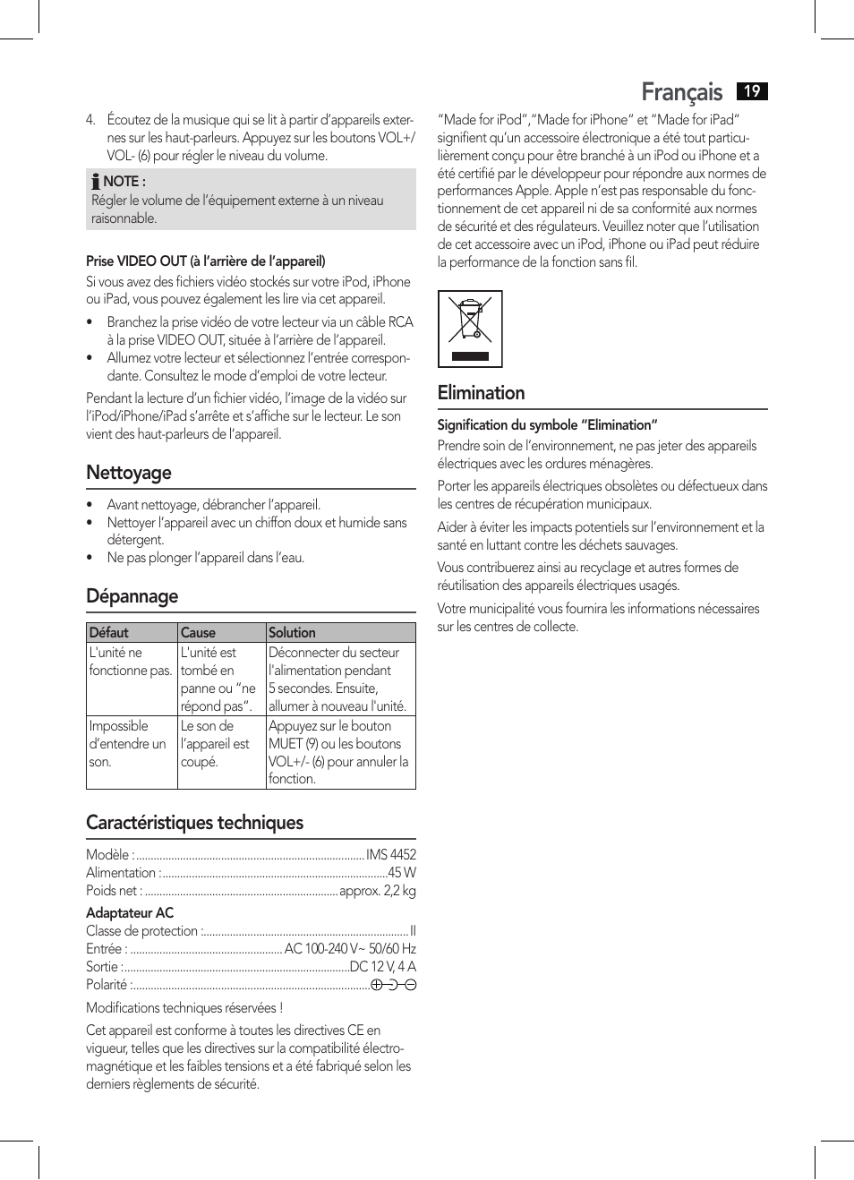 Français, Nettoyage, Dépannage | Caractéristiques techniques, Elimination | AEG IMS 4452 User Manual | Page 19 / 58