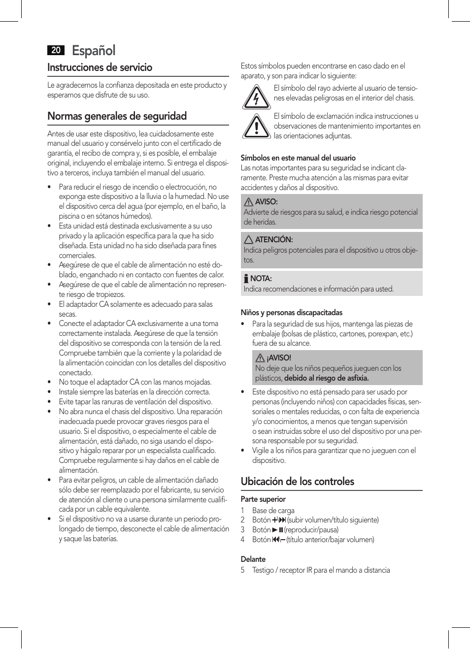 Español, Instrucciones de servicio, Normas generales de seguridad | Ubicación de los controles | AEG IMS 4452 User Manual | Page 20 / 58