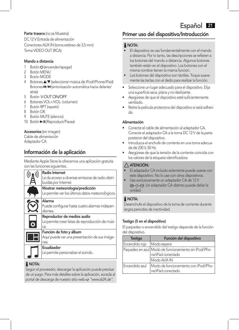 Español, Información de la aplicación, Primer uso del dispositivo/introducción | AEG IMS 4452 User Manual | Page 21 / 58