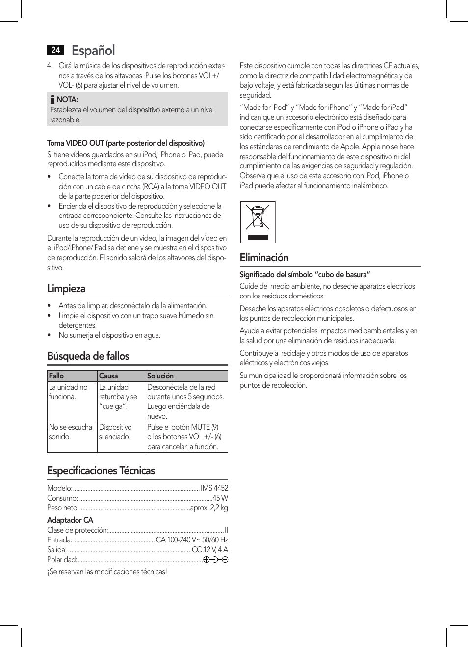 Español, Limpieza, Búsqueda de fallos | Especificaciones técnicas, Eliminación | AEG IMS 4452 User Manual | Page 24 / 58
