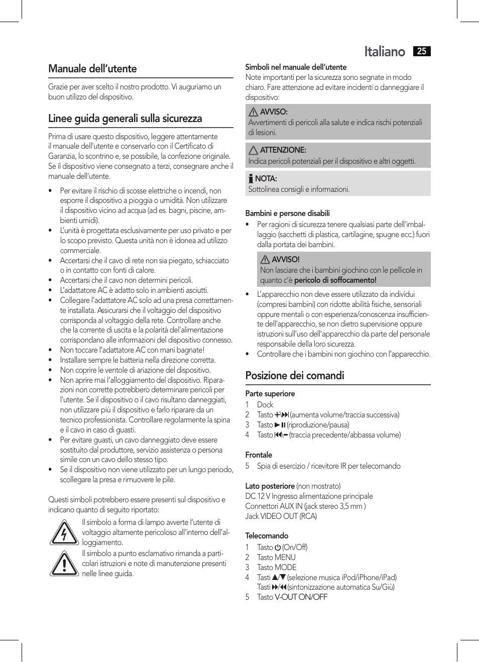 Italiano, Manuale dell’utente, Linee guida generali sulla sicurezza | Posizione dei comandi | AEG IMS 4452 User Manual | Page 25 / 58