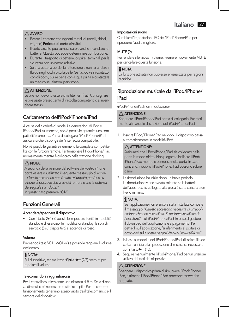 Italiano, Caricamento dell’ipod/iphone/ipad, Funzioni generali | Riproduzione musicale dall’ipod/iphone/ ipad | AEG IMS 4452 User Manual | Page 27 / 58