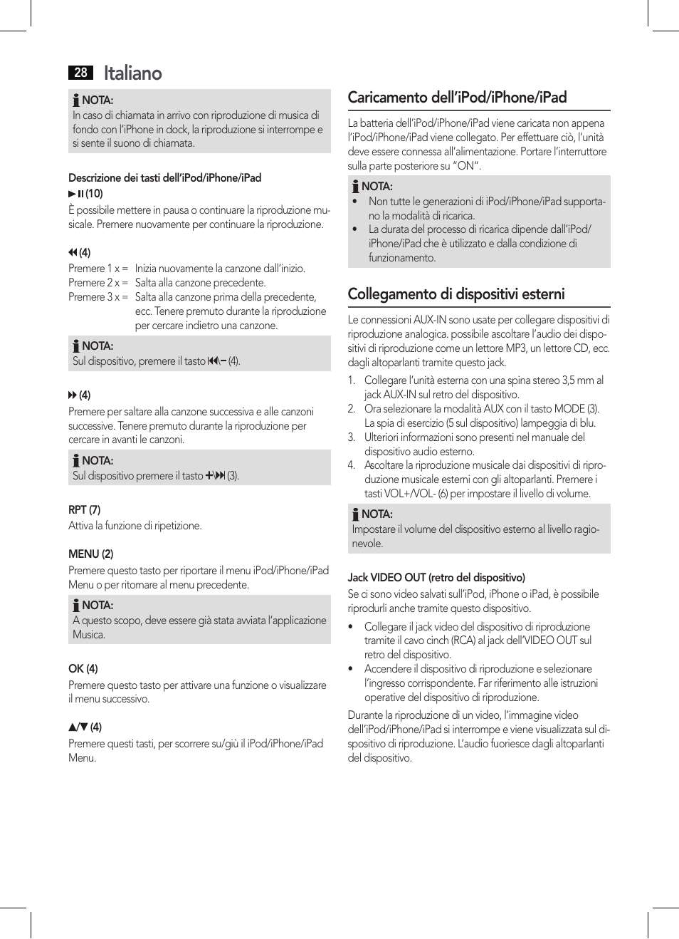 Italiano, Caricamento dell’ipod/iphone/ipad, Collegamento di dispositivi esterni | AEG IMS 4452 User Manual | Page 28 / 58