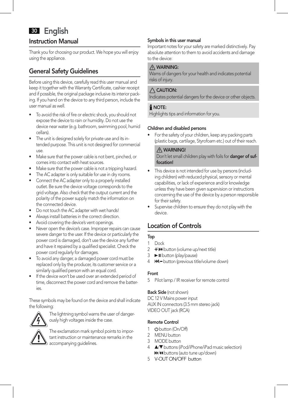 English, Instruction manual, General safety guidelines | Location of controls | AEG IMS 4452 User Manual | Page 30 / 58