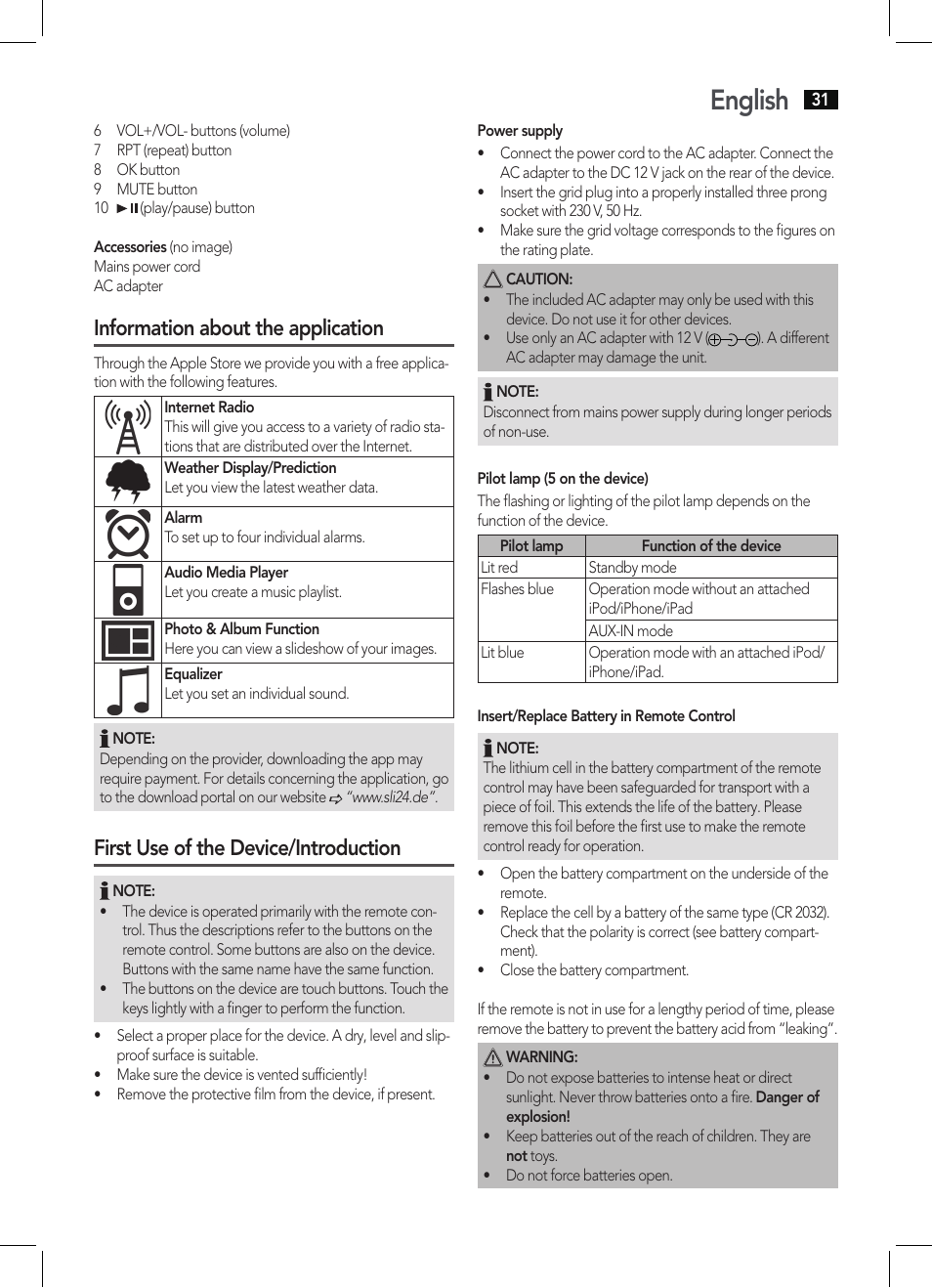 English, Information about the application, First use of the device/introduction | AEG IMS 4452 User Manual | Page 31 / 58