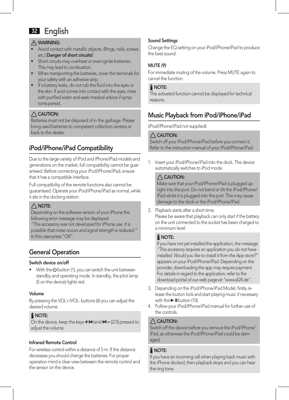 English, Ipod/iphone/ipad compatibility, General operation | Music playback from ipod/iphone/ipad | AEG IMS 4452 User Manual | Page 32 / 58